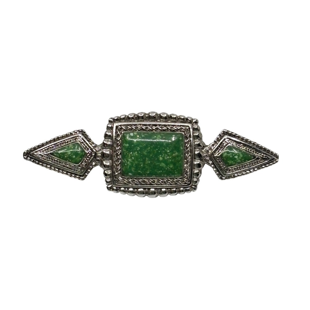 Vintage Silver Tone Green Faux Stone Geometric Brooch Pin Southwestern Style